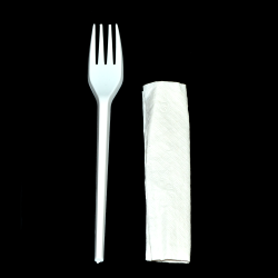 fourchette blanche en plastique + serviette - en sachet individuel - 17 cm